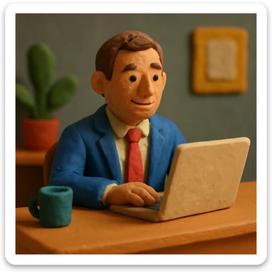 A 35-year-old male business coach sitting at a desk with a laptop sticker