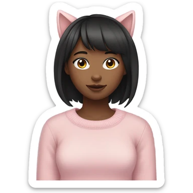 girl fair skin, black hair and bangs, cat ears and sweater pink soft  sticker
