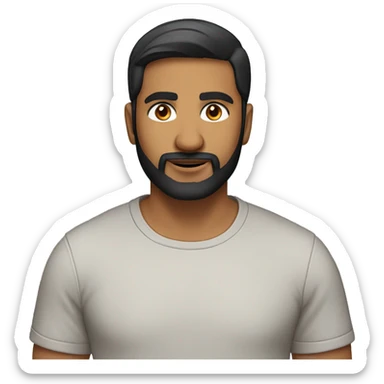 A head and shoulders shot of a 36 year old Indian man, with short black hair, with beard facial hair,   with brown eyes wearing a t-shirt. sticker