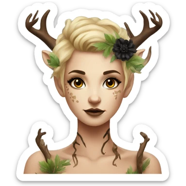 Forest Faun with deer horns and black flower tattoos, female, beautiful, desirable, blonde sticker