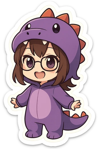 Chibi anime style girl with glasses, brown hair, dark purple eyes, wearing a purple dinosaur costume, happy expression, hands out at her sides, showing her teeth, no controller, no background. sticker