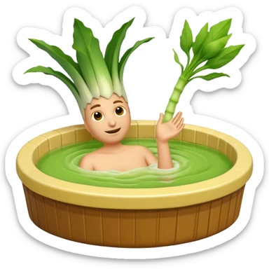 Create a 3D emoji of a relaxed leek in a jacuzzi filled with a slightly lumpy, yellowish-brown sauce sticker