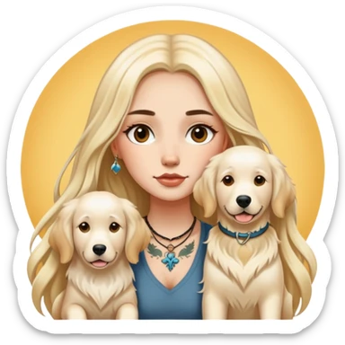 a  white girl with long hair with tattoo with 2 white golden retriever  sticker