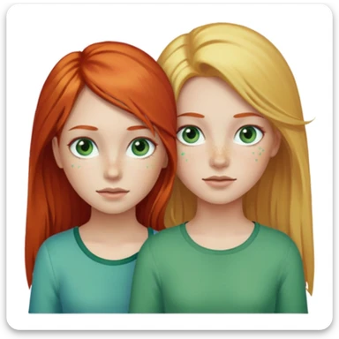 Deux filles celle à gauche à les cheveux roux et la peau claire avec des tâche de rousseur et les yeux bleu vert avec un peu de toutes les couleurs la fille à sa droite est un tout petit peu plus petite à les cheveux blonds long il les yeux verts sticker