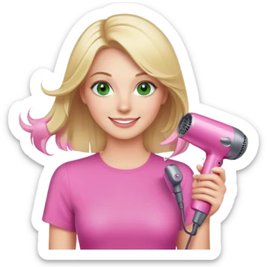 blonde woman with green eyes holding a pink Dyson hair dryer, smiling sticker