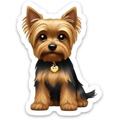 A small Yorkshire Terrier with a rounded head, perky triangular ears, large dark brown eyes, a small black nose, and silky fur in golden brown around the face and legs with black on the back, often styled with a top bow or hair tie sticker