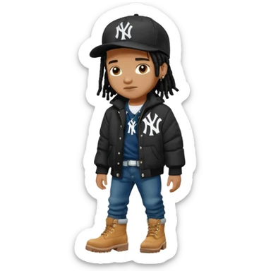 African American boy with short black dreadlocks wearing a black New York Yankees logo baseball cap wearing a black bubble winter coat wearing denim skinny jeans and timberland boots sticker