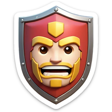Clash of Clans aesthetic: Cinematic Playful Pixel 3D Shield Portrait Emoji, rendered in a 3D vector-style similar to standard emojis with minimal shading and bold, simplified shapes. A compact, distinct form with signature details, softly glowing with a pixelated adventure charm. Simplified yet unmistakably iconic, highly detailed and consistent, glowing with a soft radiance and high shine. Stylized with a touch of classic pixel-art charm and a soft glowing outline, capturing the essence of a beloved gaming relic with a friendly, playful manner! sticker