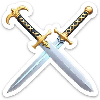 Clash of Clans aesthetic: Cinematic Playful Sword Emoji, rendered in a 3D vector-style similar to standard emojis with minimal shading and bold, simplified shapes. A compact, isometric blade with a gleaming, intricately designed hilt and a razor-sharp edge, softly glowing with a heroic, battle-ready charm. Simplified yet unmistakably iconic, highly detailed and consistent, glowing with a soft radiant brilliance and high shine. Stylized with a touch of medieval finesse and a soft glowing outline, capturing the essence of a legendary sword with a friendly, playful vibe! sticker