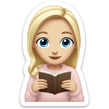 Pretty blue eyed white girl with light pink sweater reading cozy sticker