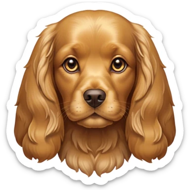 Cinematic Noble Gold Cocker Spaniel Portrait Emoji, Poised and regal, with a medium build and a lustrous, well-groomed golden coat, deep-set soulful brown eyes, Simplified yet sharp and sophisticated features, highly detailed, glowing with a soft, dignified glow, high shine, intelligent and loyal, stylized with an air of elegance, focused and attentive, soft glowing outline, capturing the essence of a watchful and confident companion, so majestic it feels as though it could trot out of the screen with effortless authority! sticker