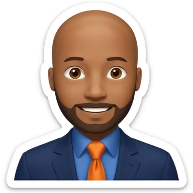headshot of a sophisticated, stylish, bald head, smiling Caribbean black man with a beard and goatee in a navy blue suit, orange tie sticker