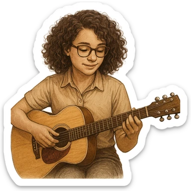 A curly and brown-haired girl with brown-framed glasses, wearing a shirt, playing the guitar, representing a music therapy internship, detailed, professional, warm and inviting atmosphere sticker