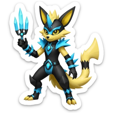 Shiny badass cool edgy spikey fluffy realistic cyan yellow white electric complex futuristic Zeraora-Luxray-Electrike-Umbreon-Manectric-Weregarurumon-fusion-creature (full body) wearing black gauntlets sticker