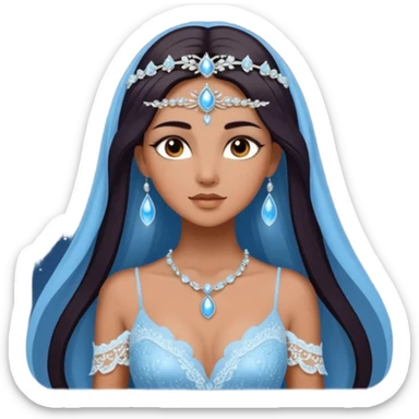enchantress goddess wearing a embellished shimmering light powder white lace and icy moon drops angeliqué blue gown with tanned skin and super long straight dark brown hair sticker