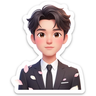 Gorgeous romantic anime style Asian formal modern gentlemanly guy with pretty hair and flower petals and blushing face aesthetic trending style outside with colorful gradient colors  pastelcore cottagecore kawaiicore sticker