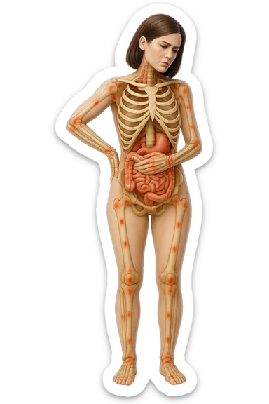 donna realistica a figura intera con red spot sparsi alle ossa, ossa del corpo visibili sul corpo, non sul volto iperrealistico 4k sticker