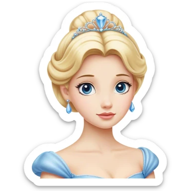 Cinematic Elegant Cinderella Portrait Emoji, rendered in a realistic, vector-style with minimal shading and bold, simplified shapes. Depict Cinderella in her classic ball gown (chest and above) with fair, porcelain skin and elegantly styled blonde hair, her eyes soft and kind, and her expression serene and graceful. The design glows with a gentle, enchanting radiance and high shine, capturing the timeless beauty of a fairy tale princess. sticker