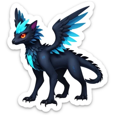 Black Dark Exotic Beaked Feathery Nocturnal Neon-glowing Abyssal Nightly Abyss-Cat-Gryphon-Salandit-Nargacuga-Silvally-Vernid-Sergal-Fakémon-Hybrid-Creature (full body) sticker