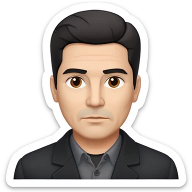 Broad-shouldered Hispanic man in his 50s, light brown complexion, square face with defined jawline, short straight black hair combed back with faded sides, thick eyebrows, black coat with gray buttoned-up shirt sticker