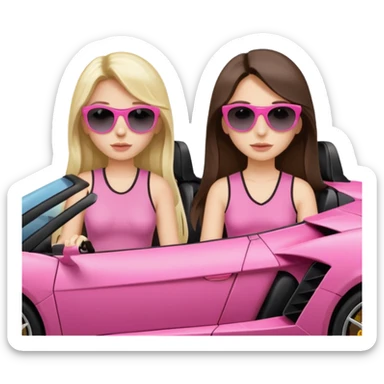 Add sunglasses show full car front facing so I can see full car Car facing forward in sports car. Make hair long  two girls in car far away Front of car sitting in the seats. Make it a pink sports car. They are two baddies make it a Lamborghini pink car  sticker
