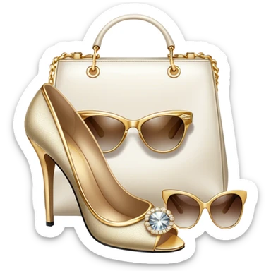 A photorealistic icon featuring luxurious fashion accessories like a high-end handbag, elegant high heels, a sparkling diamond necklace and a stylish pair of sunglasses. The design includes gold accents, soft lighting, and glamorous textures, fashion, and VIP luxury. Transparent background sticker