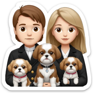 A couple boy with nice brown hair  and beautiful girl with long dark blond hair and with two shih tzu dogs with  black and white coat sticker
