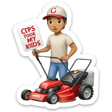 guy pushing lawn mower holding sign that says “cps took my kids” sticker