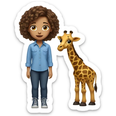 10 year old girl with brown eyes, brown tangled hair, big lips, blue shirt, blue and black pants, whit shoes, with a giraffe next to her  sticker