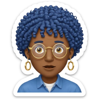 dark blue haired man curly hair and big earrings and spectacles surprised and hat wearing sticker