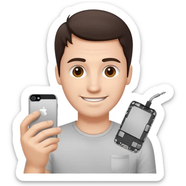 make a white guy with dark brown hair, with a simple white o grey shirt, repairing an iphone, un tecnico happy sticker