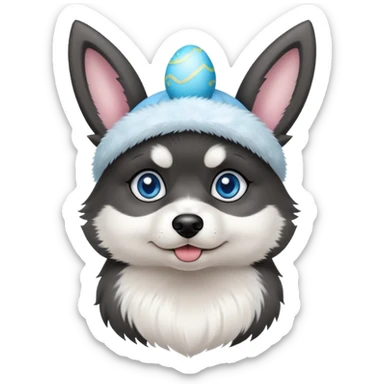 Blue eyed, black and white pomsky wearing easter bunny ears  sticker