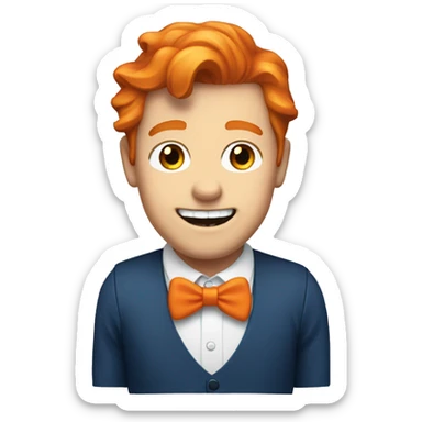 british white guy with orange hair, buck teeth, blue bowtie, and red vest sticker