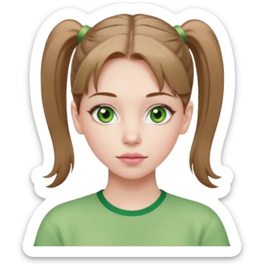create an emoji of a young woman. She has a kind look, with long light brown hair in a ponytail, green eyes, pale skin, natural soft pink lips. she wears a green y2k top sticker
