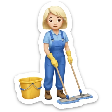 old women, Custodian with yellow rubber gloves, white T-shirt, blue overalls, mopping floor sticker