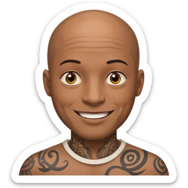 This is a cartoon-style avatar of a bald man with dark skin, golden-brown eyes, and several tattoos on his face, smiling with a friendly expression. sticker