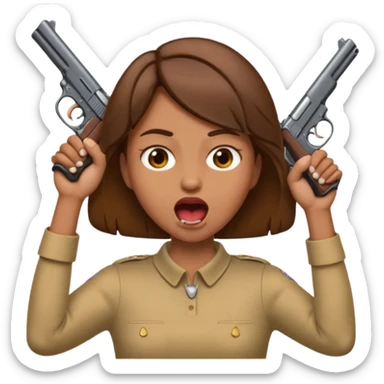 the woman emoji with brown hair and tan skin choking herself  with both hands around her neck with her mouth open and two arms from behind her holding a gun in each hand point directly at her head sticker
