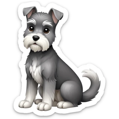 cinematic-[schnauzer]-realistic-full-body-sitting-emoji,-tail-resting-loosely-beside-its-paws,-head-tilted-dramatically, -sleek-[grey and white]-fur,-simplified-yet-realistic-focused-features,-highly-detailed,-glowing-with-an-almost-sarcastic-glow sticker