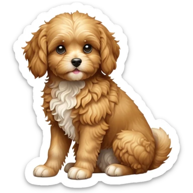 cinematic-[cavoodle dog]-realistic-full-body-sitting-emoji,-tail-resting-loosely-beside-its-paws,-head-tilted-dramatically,-curly-[solid golden]-fur,-simplified-yet-realistic-focused-features,-highly-detailed,-glowing-with-an-almost-sarcastic-glow sticker