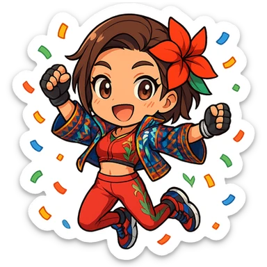 Azucena from Tekken 8 in chibi sticker style, jumping with confetti, wearing the detailed red and patterned outfit from the reference images, designed for Twitch emote use. sticker