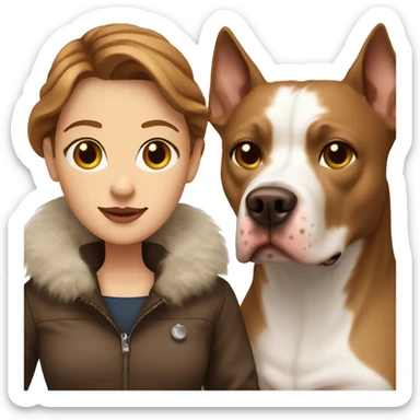 white woman with long brown hair in a furry jacket standing alongside a white pitbull with a brown patch around his eye sticker