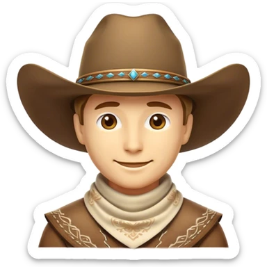 Clash of Clans aesthetic: Beautiful and Majestic Cowboy Portrait Emoji, Rendered in serene confidence with a gentle, enigmatic smile and a regal wide-brimmed hat, showcasing a distinguished, weathered build with a timeless bandana and soft, wise eyes in natural skin tone, Simplified yet exquisitely endearing features, highly detailed, glowing with a soft, majestic western light, high shine, calm and heroic, stylized with an air of legendary frontier elegance, soft glowing outline, capturing the essence of a majestic cowboy whose noble spirit inspires epic journeys! sticker