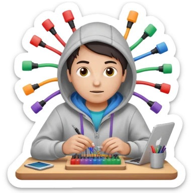 An emoji of an engineer working on a complex breadboard with many colorful wires and components. A Wi-Fi signal icon pulses above their head. They wear a hoodie and have a focused expression. Simple, cute, icon style. sticker