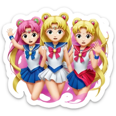 Icon for Anime: vibrant, dynamic scene with heros from Bishoujo Senshi Sailor Moon in action, featuring exaggerated expressions and colorful backgrounds. The design should reflect the distinct, energetic style of anime, with iconic eyes and unique visual elements. Transparent background. sticker