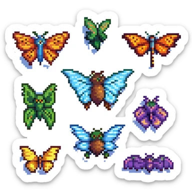 a lineup of winged animals including a bird, bat, butterfly, and dragonfly in pixel art style sticker