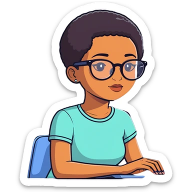 Light skinned Black girl with glasses short haircut working on computer sticker