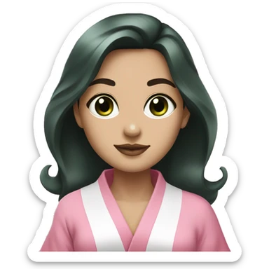 Girl with white skin, dark green eyes, and dark medium length hair, in a pink robe having a spa day sticker