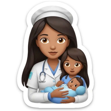 Female nurse with long dark hair with medium brown skin and brown eyes holding a baby sticker