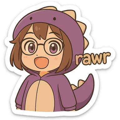 Chibi anime style girl with glasses, brown hair, dark purple eyes, wearing a purple dinosaur costume, saying 'rawr' in a cute playful way, arms down, no background. Same style as the reference image. sticker