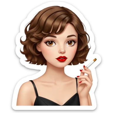 Alluring French girl french shiny brown wavy textured bob haircut tousled hair red lips smoking cigarette sticker